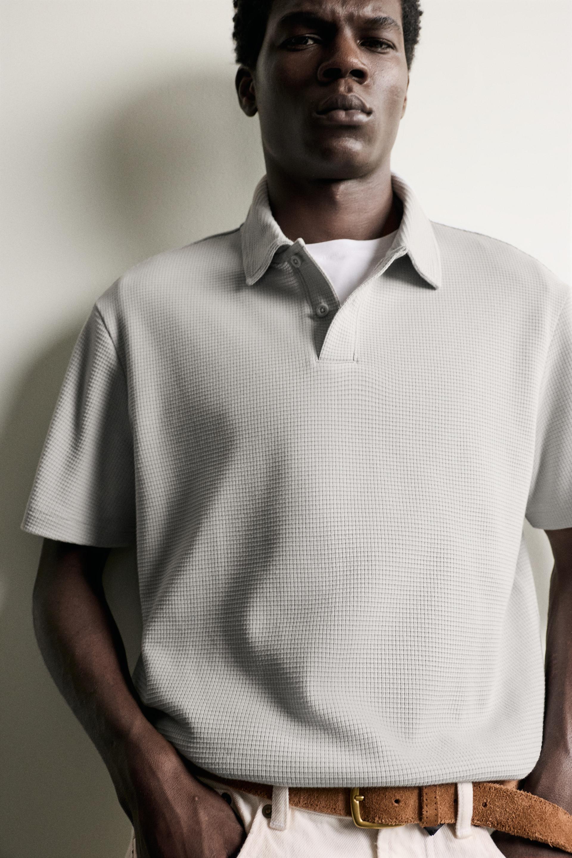 Zara Waffle-Texture Polo Shirt — Gri perlă