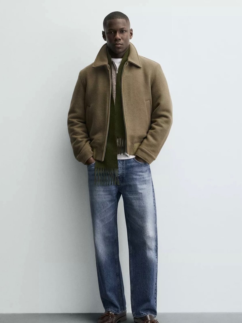 Wool-Blend Zip Jacket — Khaki