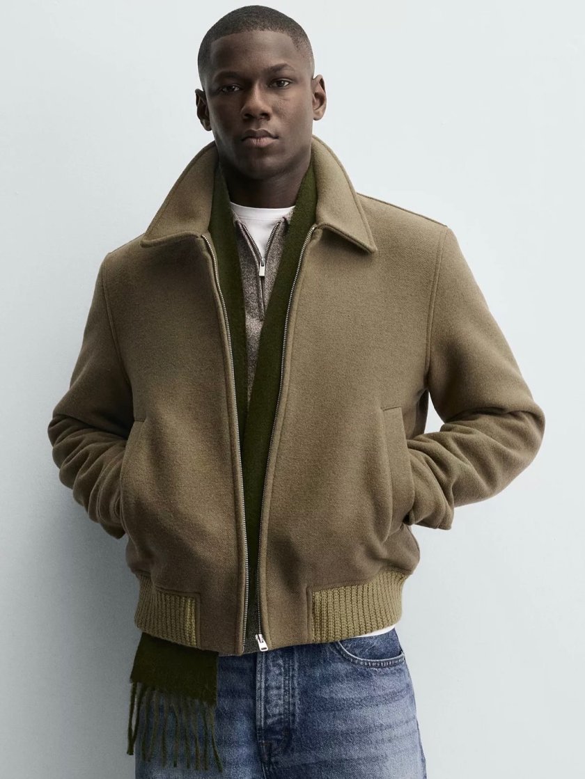 Wool-Blend Zip Jacket — Khaki