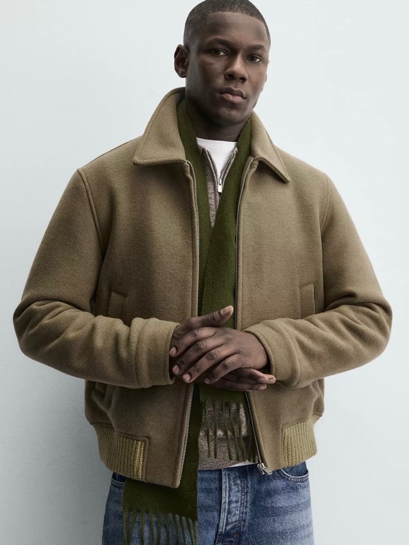 Wool-Blend Zip Jacket — Khaki