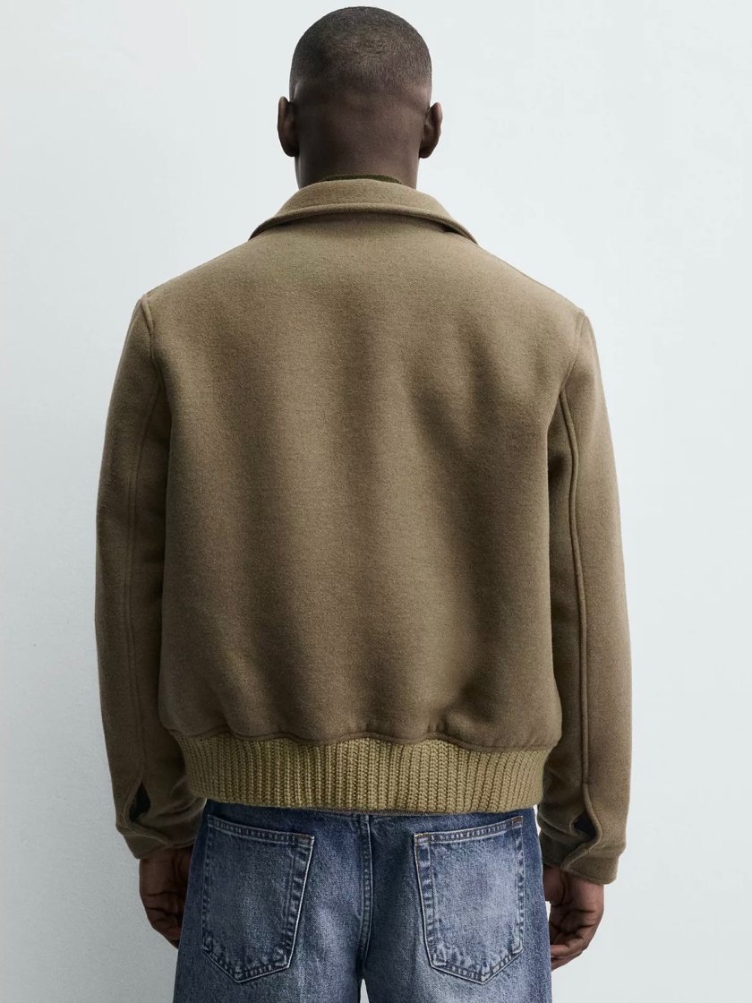 Wool-Blend Zip Jacket — Khaki