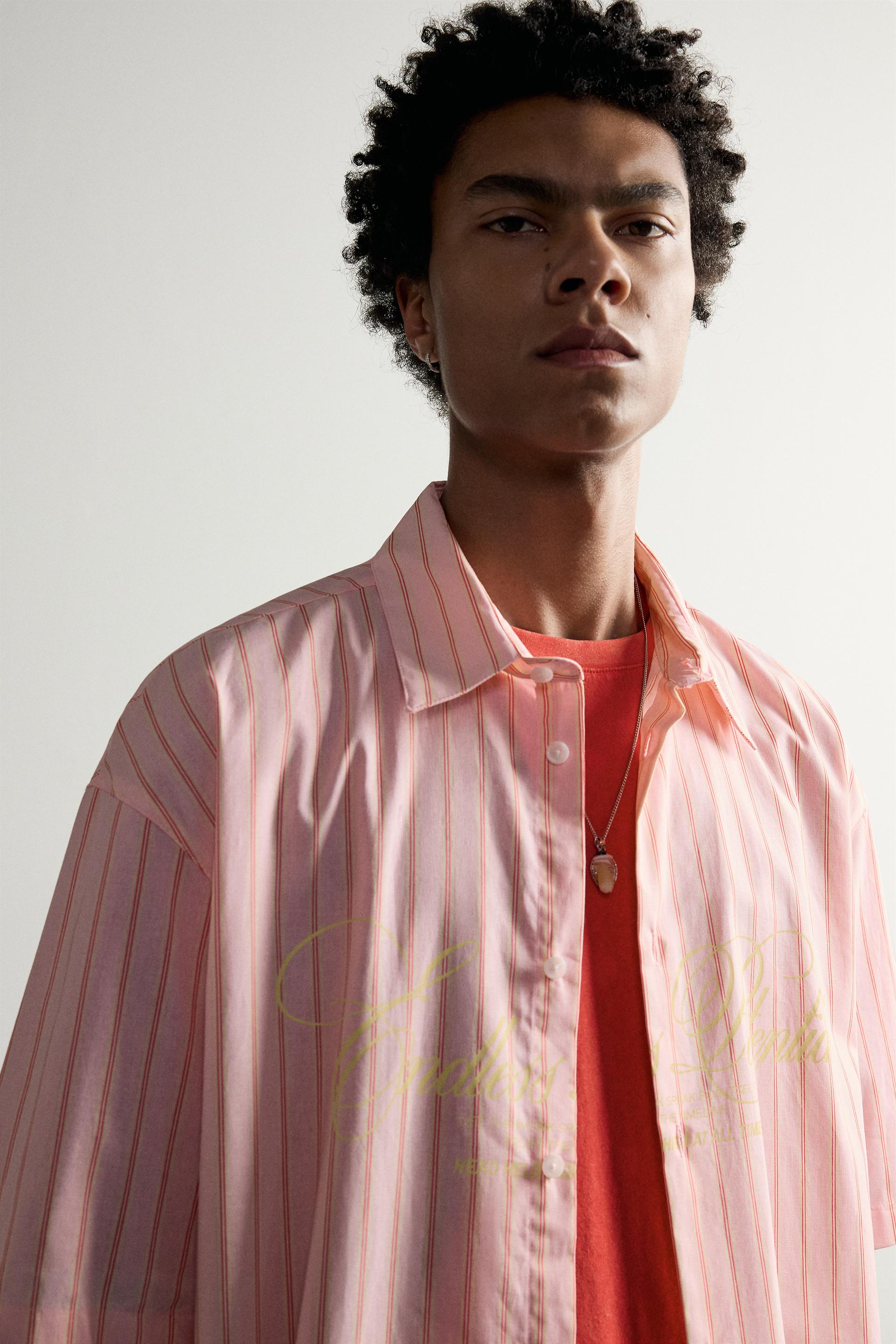 Zara CHEMISE COUPE DÉCONTRACTÉE RAYURES INSCRIPTION — Coral