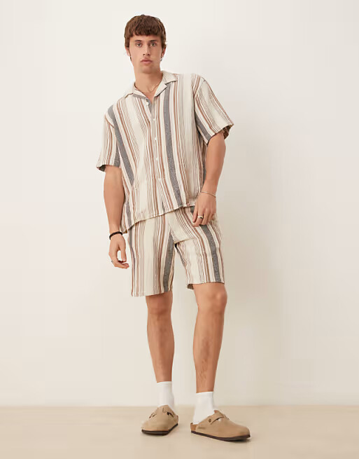 Zara Textured Stripe Cotton Shorts — Cream