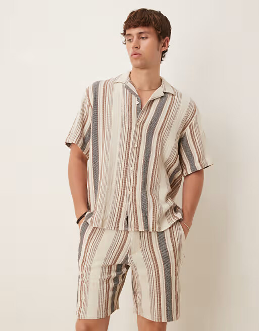 Zara Textured Stripe Cotton Shorts — Cream