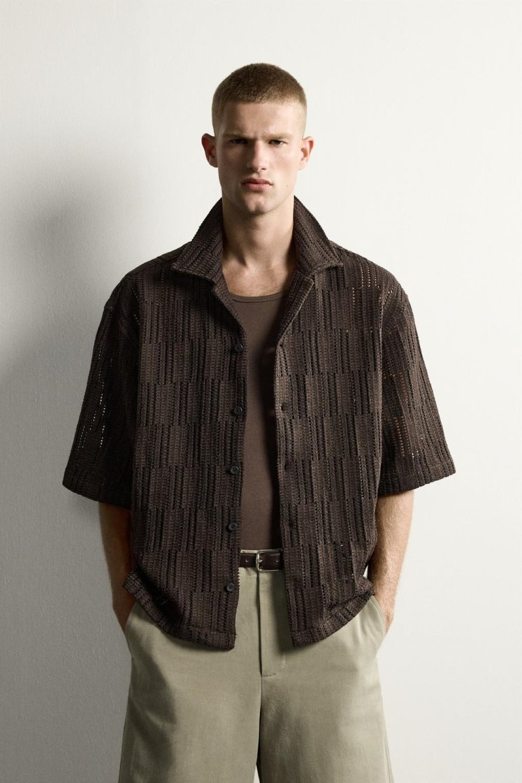 Zara CHEMISE RELAXED FIT À STRUCTURE AJOURÉE — Marron