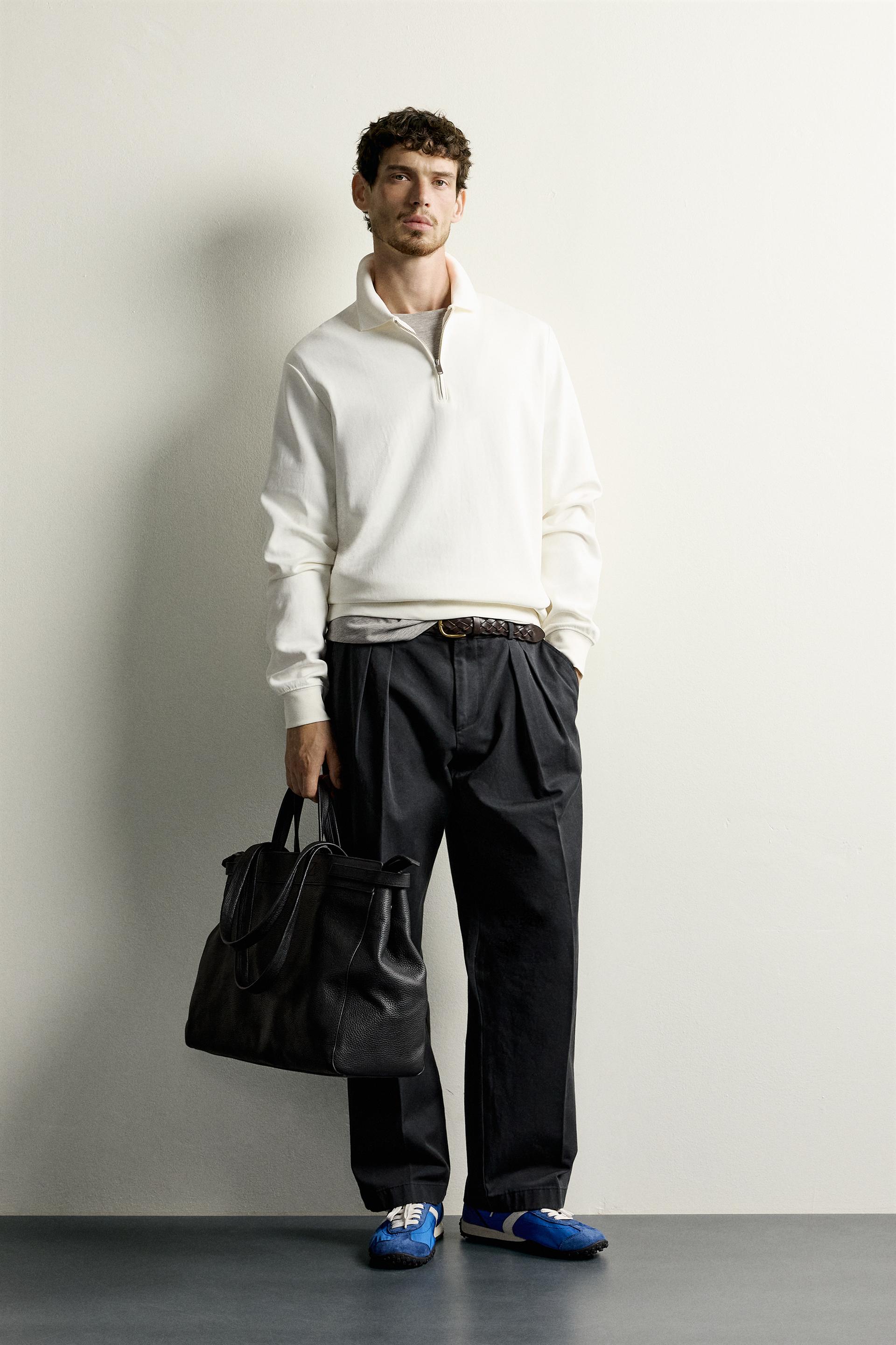 Zara INTERLOCK ZIP POLO SWEATSHIRT — White