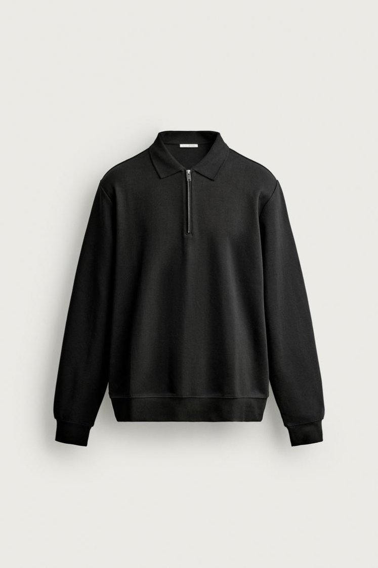 Zara INTERLOCK ZIP POLO SWEATSHIRT — Black