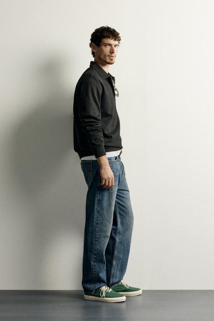 Zara INTERLOCK ZIP POLO SWEATSHIRT — Black