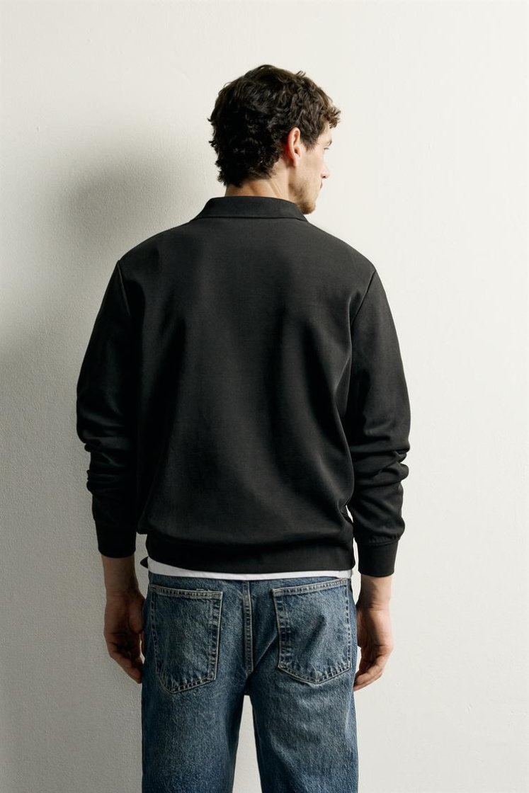Zara INTERLOCK ZIP POLO SWEATSHIRT — Black