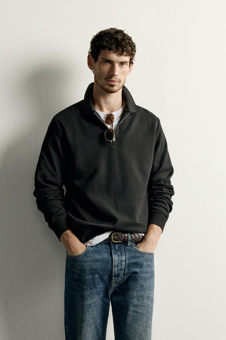 Zara INTERLOCK ZIP POLO SWEATSHIRT — Black