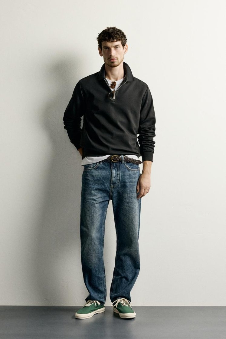 Zara INTERLOCK ZIP POLO SWEATSHIRT — Black