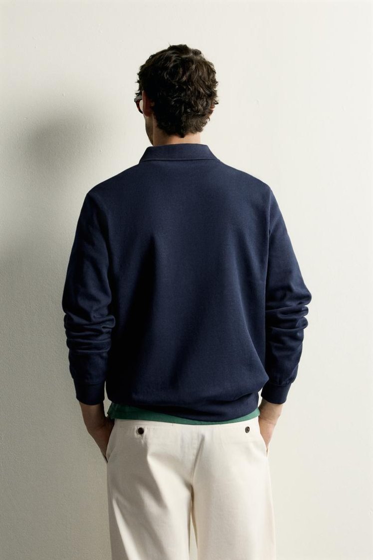 Zara INTERLOCK ZIP POLO SWEATSHIRT — Navy