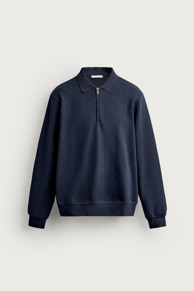 Zara INTERLOCK ZIP POLO SWEATSHIRT — Navy
