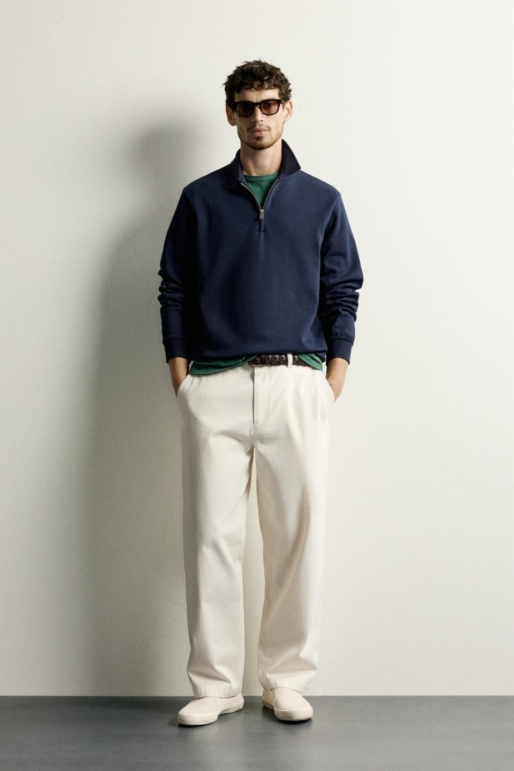 Zara INTERLOCK ZIP POLO SWEATSHIRT — Navy