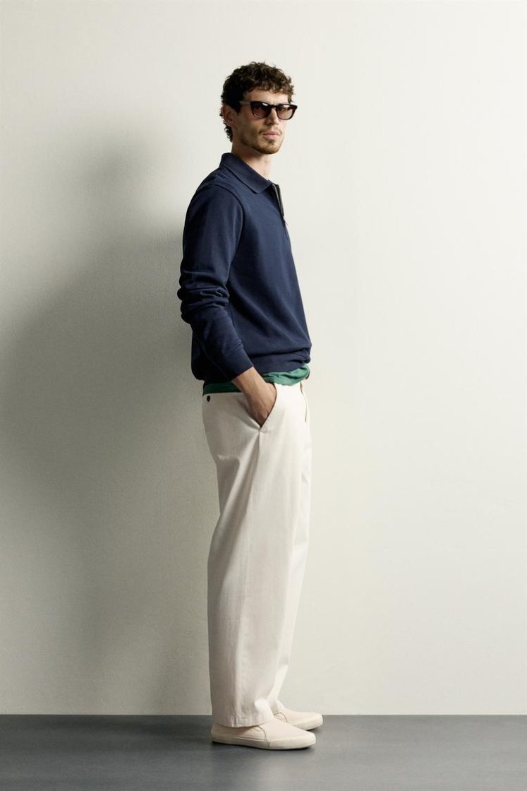Zara INTERLOCK ZIP POLO SWEATSHIRT — Navy