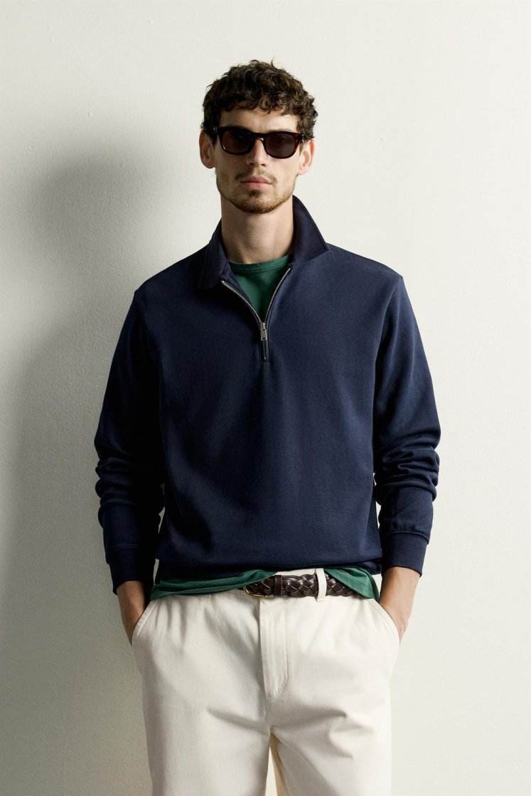 Zara INTERLOCK ZIP POLO SWEATSHIRT — Navy