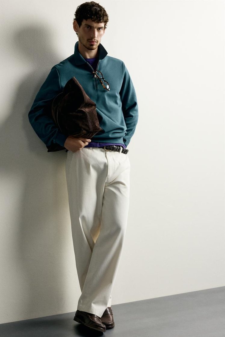 Zara INTERLOCK ZIP POLO SWEATSHIRT — Teal
