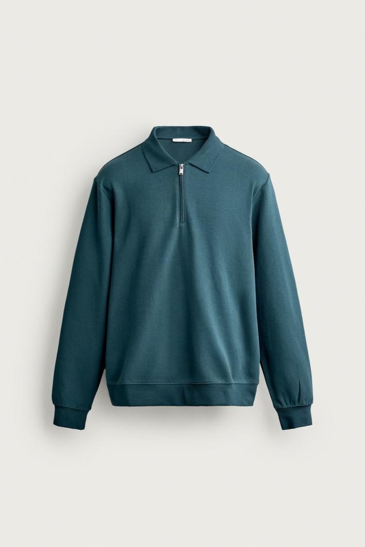 Zara INTERLOCK ZIP POLO SWEATSHIRT — Teal
