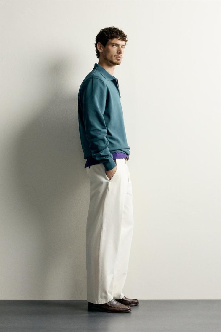 Zara INTERLOCK ZIP POLO SWEATSHIRT — Teal