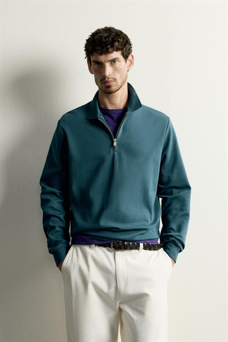 Zara INTERLOCK ZIP POLO SWEATSHIRT — Teal