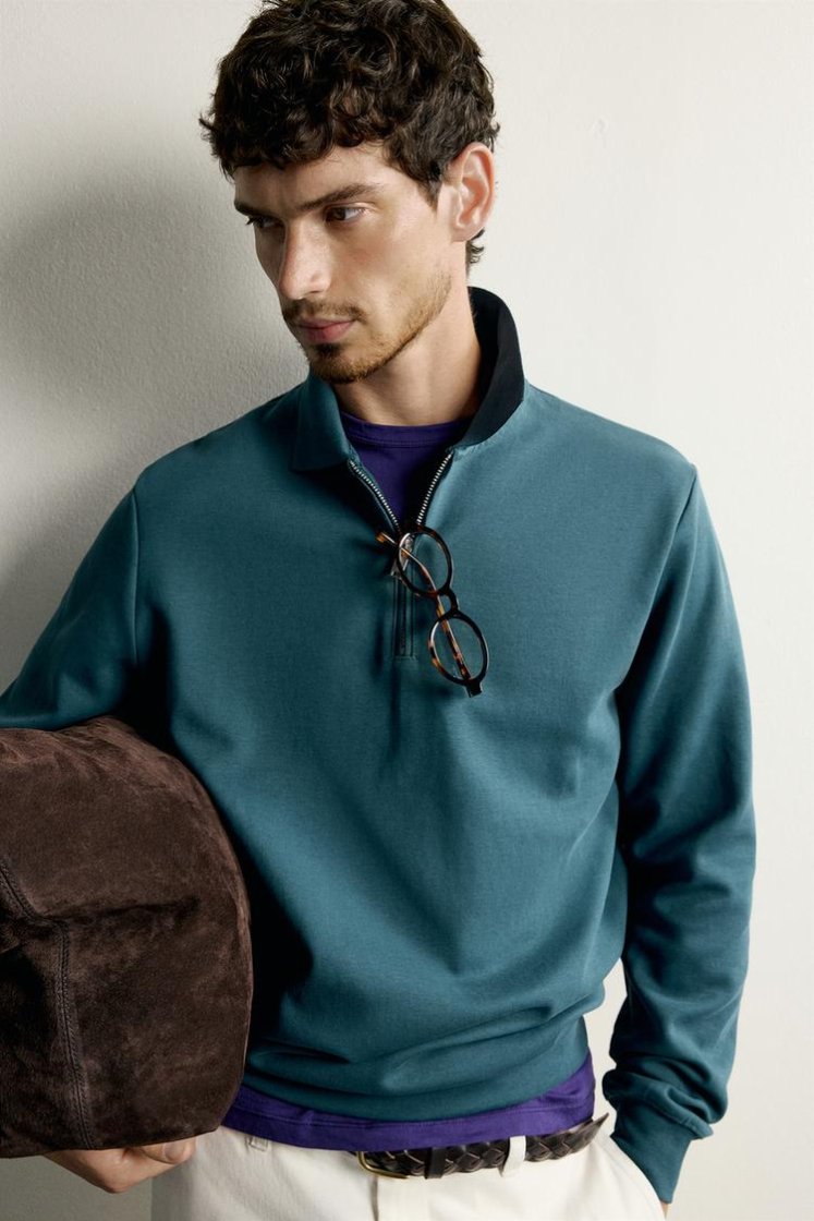 Zara INTERLOCK ZIP POLO SWEATSHIRT — Teal