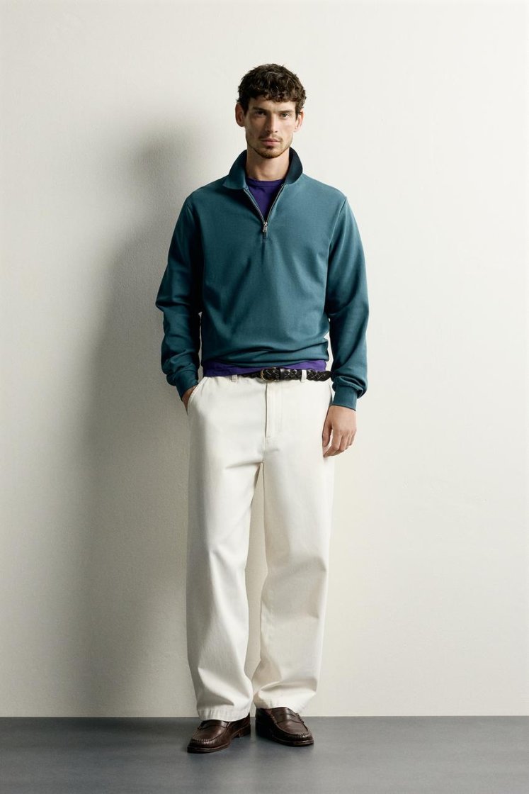 Zara INTERLOCK ZIP POLO SWEATSHIRT — Teal