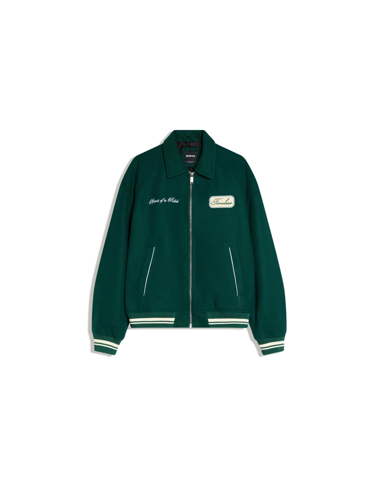 Bershka Green Felt Embroidered Jacket — Hunter