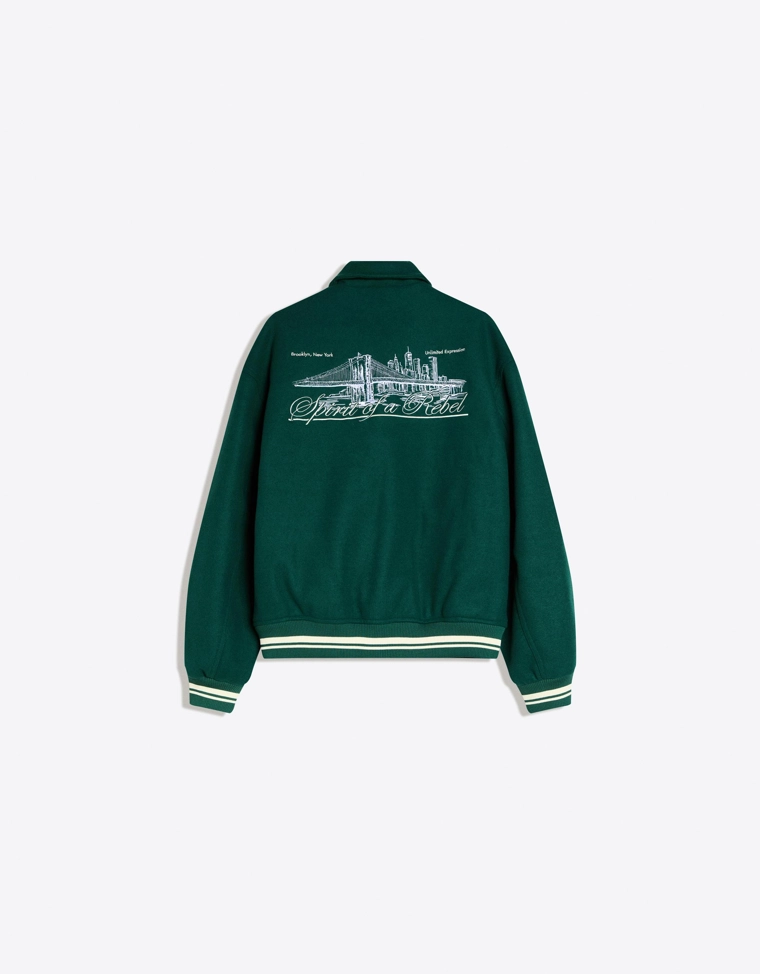 Bershka Green Felt Embroidered Jacket — Hunter