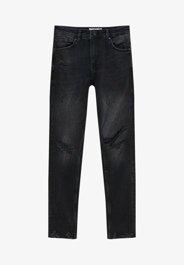 Pull&Bear Ripped Slim Fit Jeans — Black
