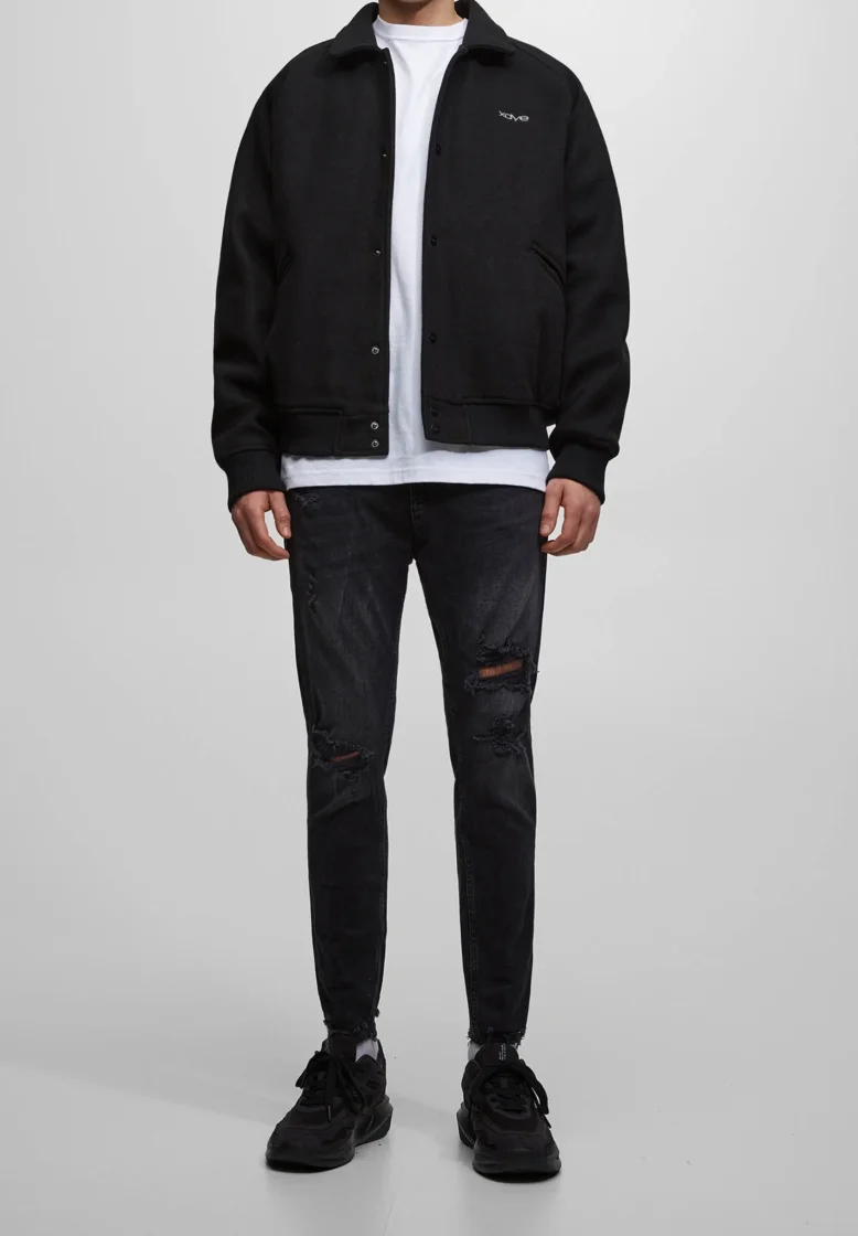 Pull&Bear Ripped Slim Fit Jeans — Black