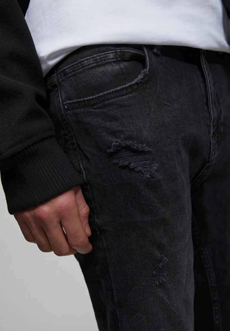 Pull&Bear Ripped Slim Fit Jeans — Black