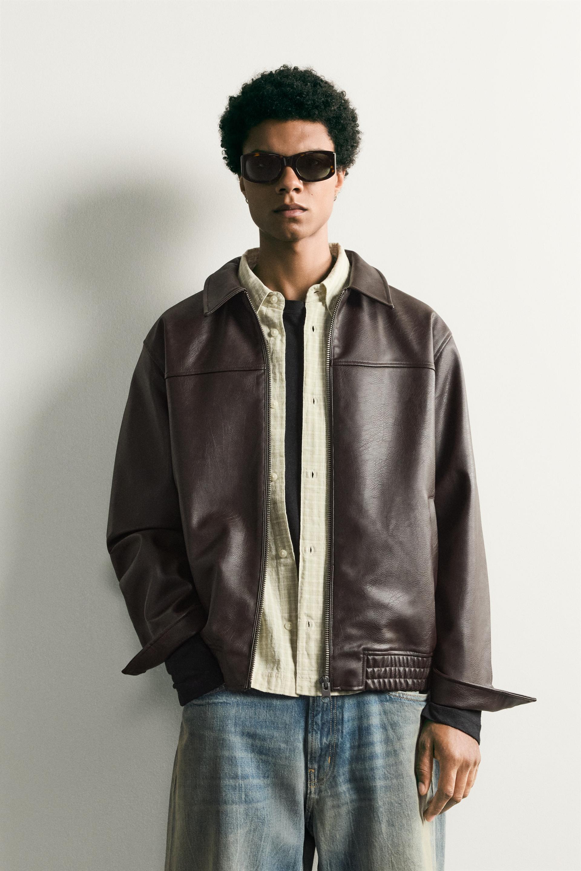 Zara RELAXED FIT LEATHER EFFECT JACKET — Chocolate brown4027/800/753