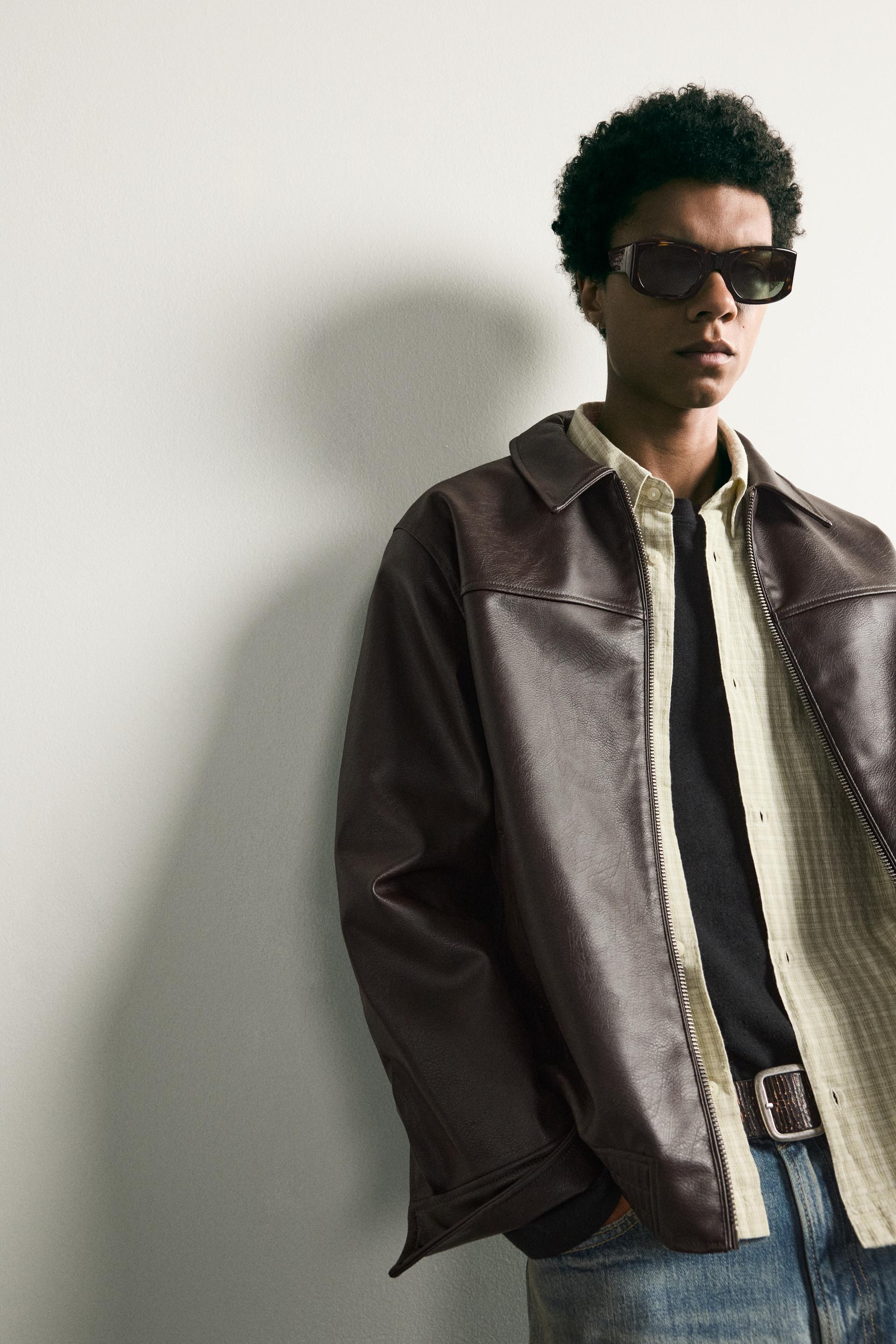 Zara RELAXED FIT LEATHER EFFECT JACKET — Chocolate brown4027/800/753