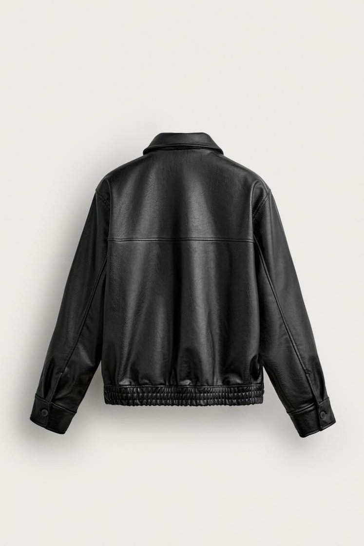 Zara RELAXED FIT LEATHER EFFECT JACKET — Black