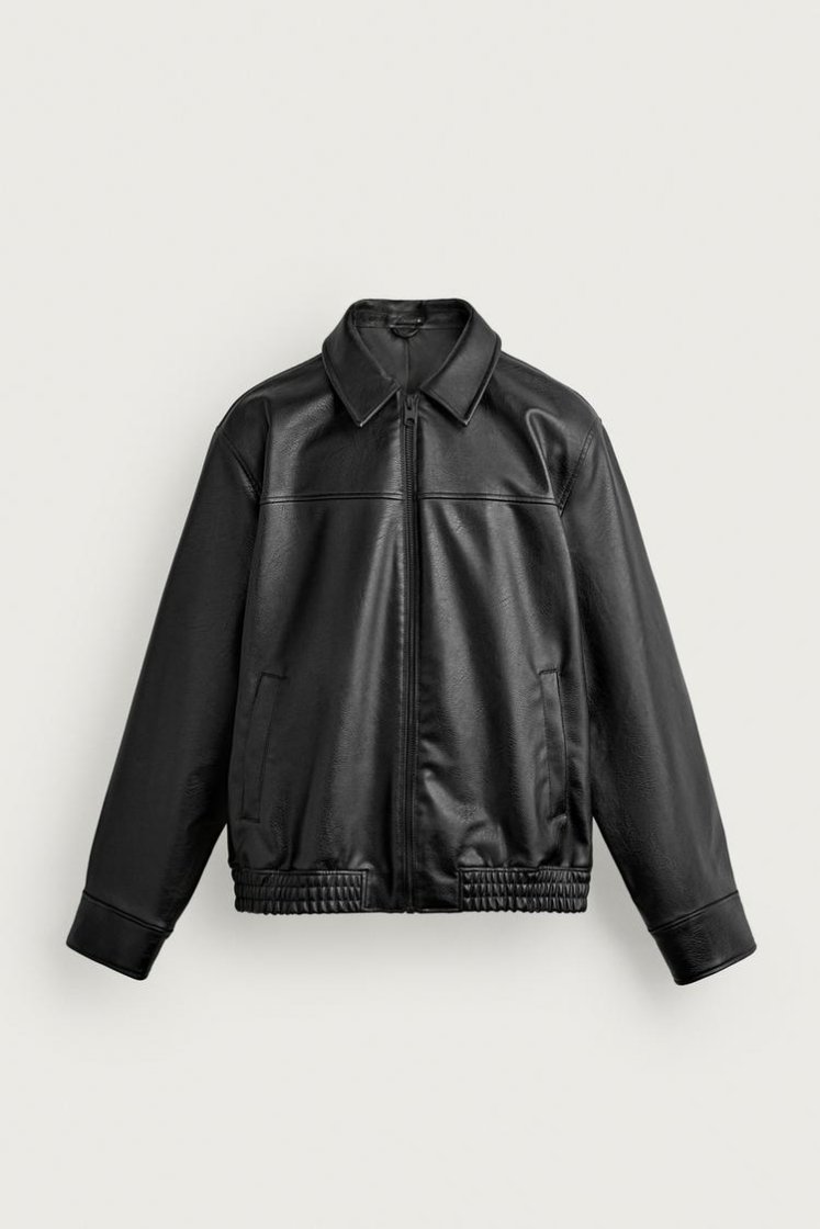 Zara RELAXED FIT LEATHER EFFECT JACKET — Black