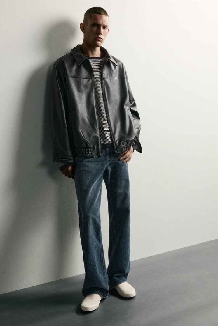 Zara RELAXED FIT LEATHER EFFECT JACKET — Black