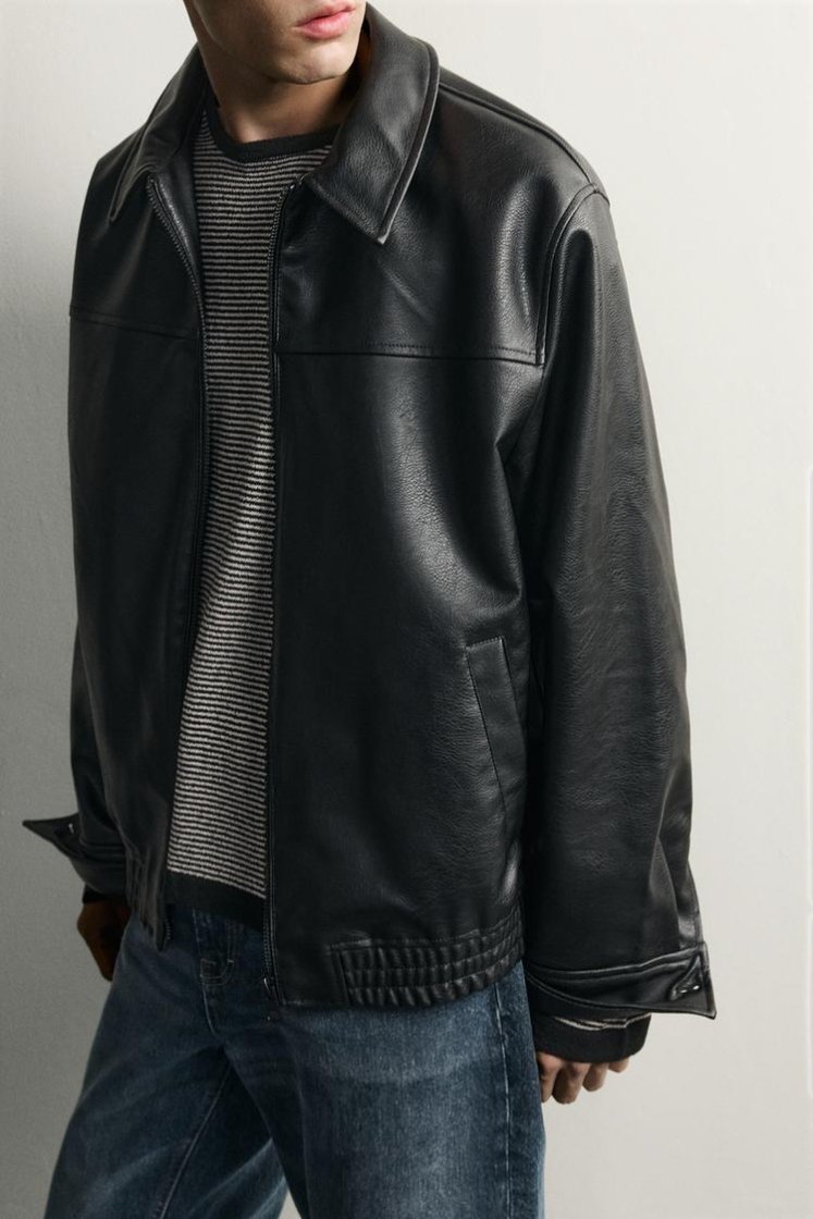 Zara RELAXED FIT LEATHER EFFECT JACKET — Black