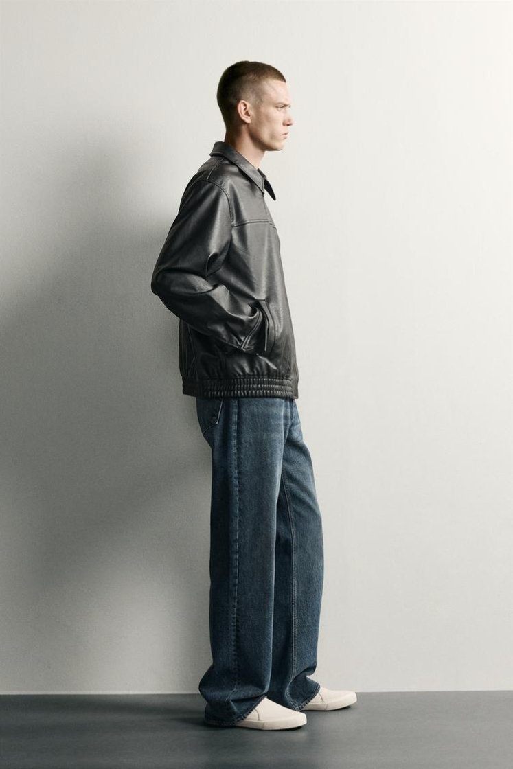 Zara RELAXED FIT LEATHER EFFECT JACKET — Black