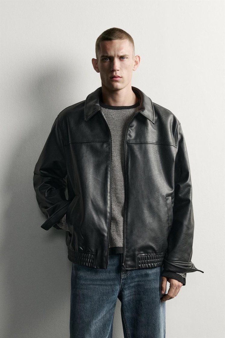 Zara RELAXED FIT LEATHER EFFECT JACKET — Black