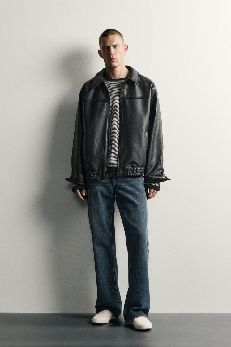 Zara RELAXED FIT LEATHER EFFECT JACKET — Black
