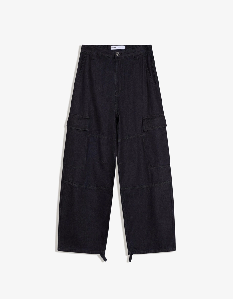 Bershka Cargo Parachute Jeans Navy