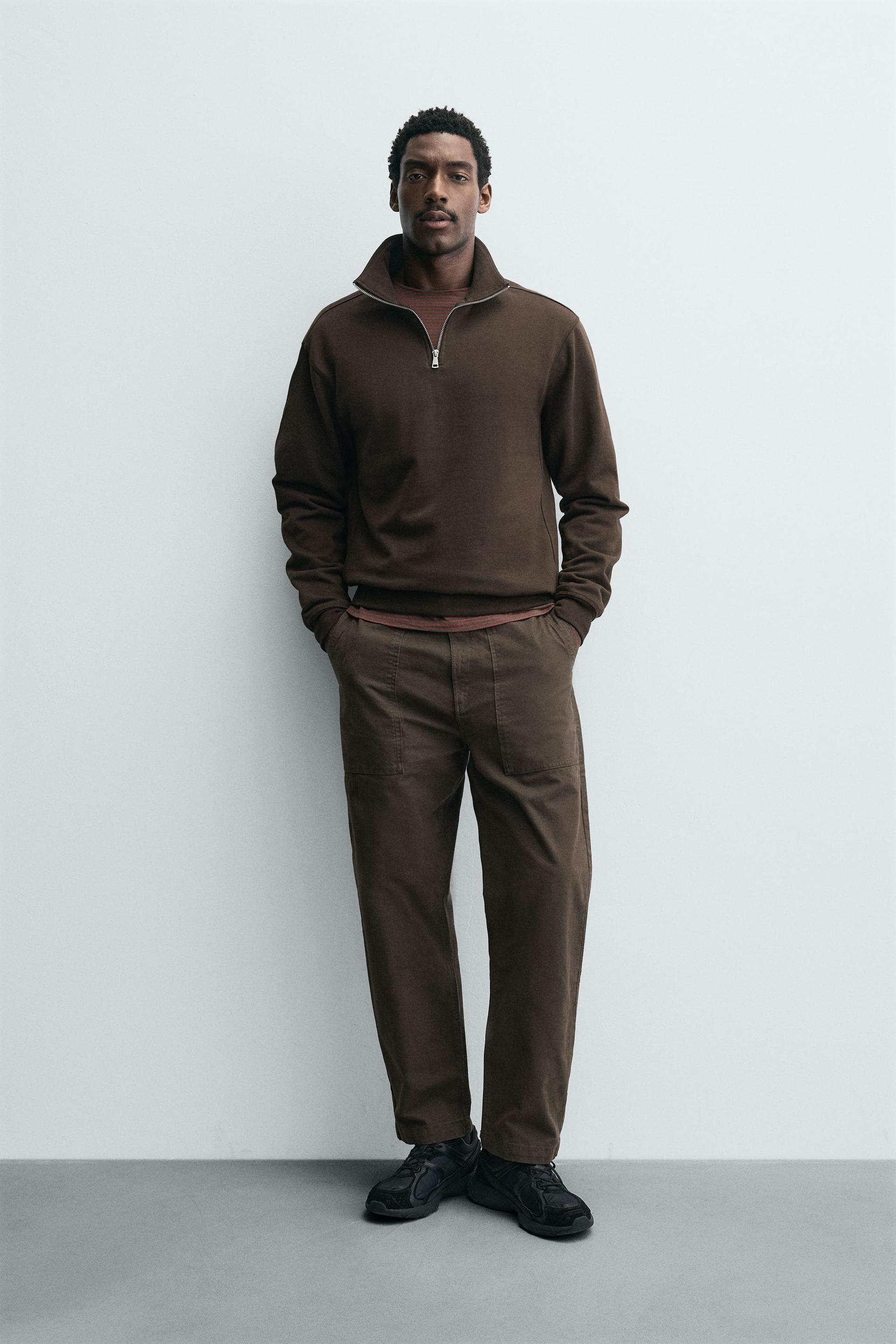 Zara BASIC QUARTER-ZIP SWEATSHIRT — Brown