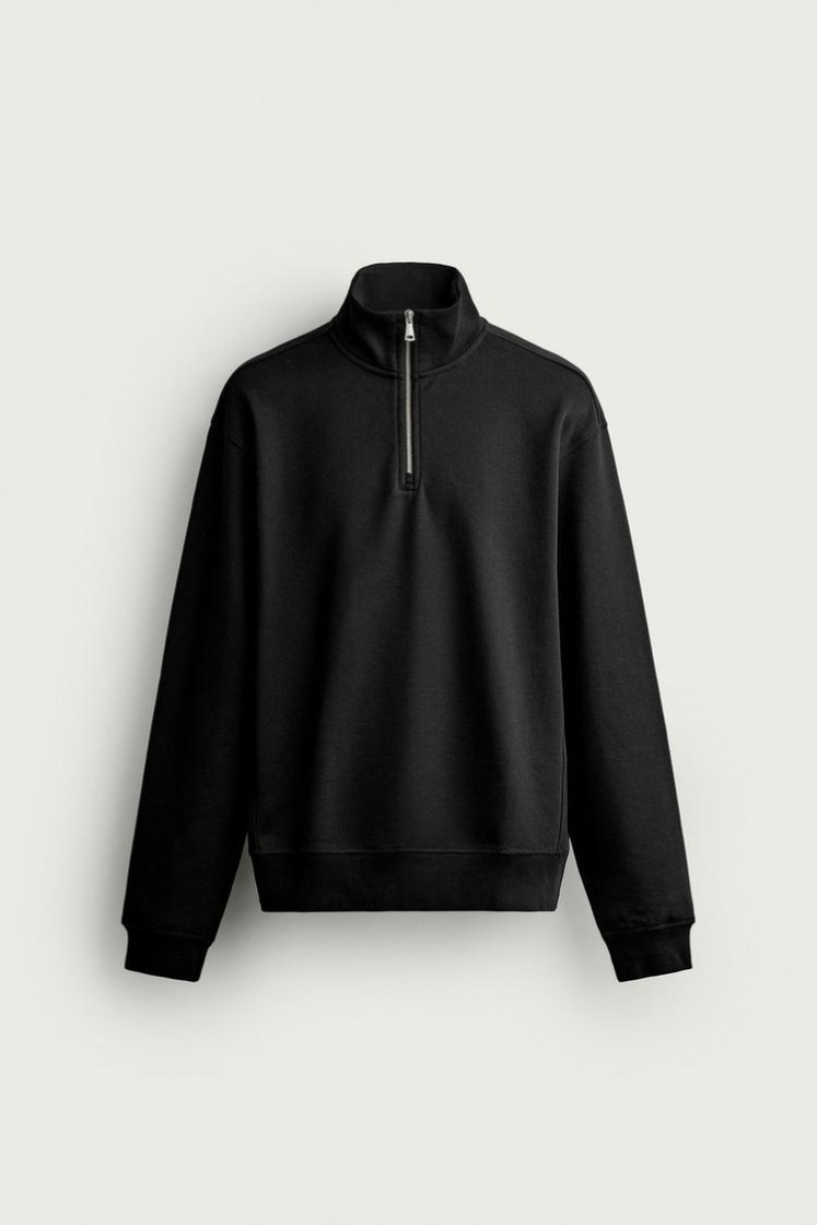 Zara BASIC QUARTER-ZIP SWEATSHIRT — Black