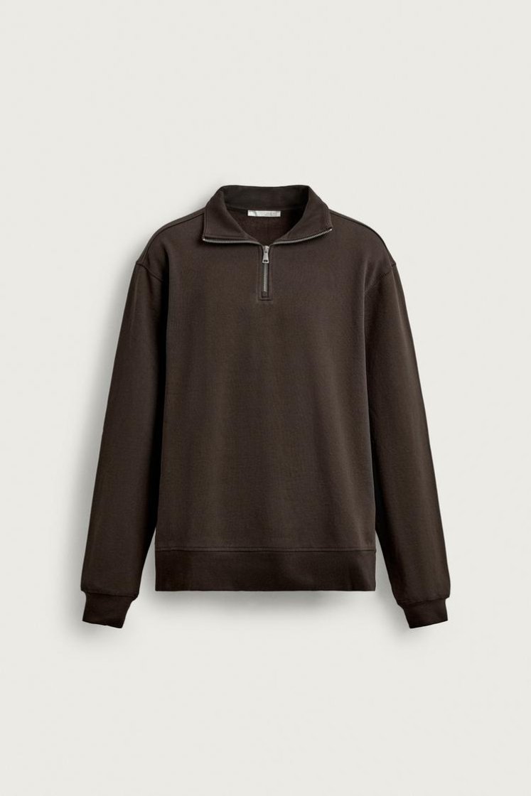 Zara BASIC QUARTER-ZIP SWEATSHIRT — Brown