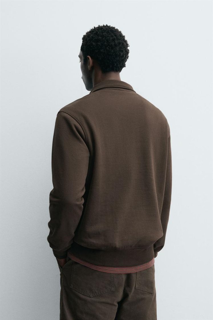 Zara BASIC QUARTER-ZIP SWEATSHIRT — Brown
