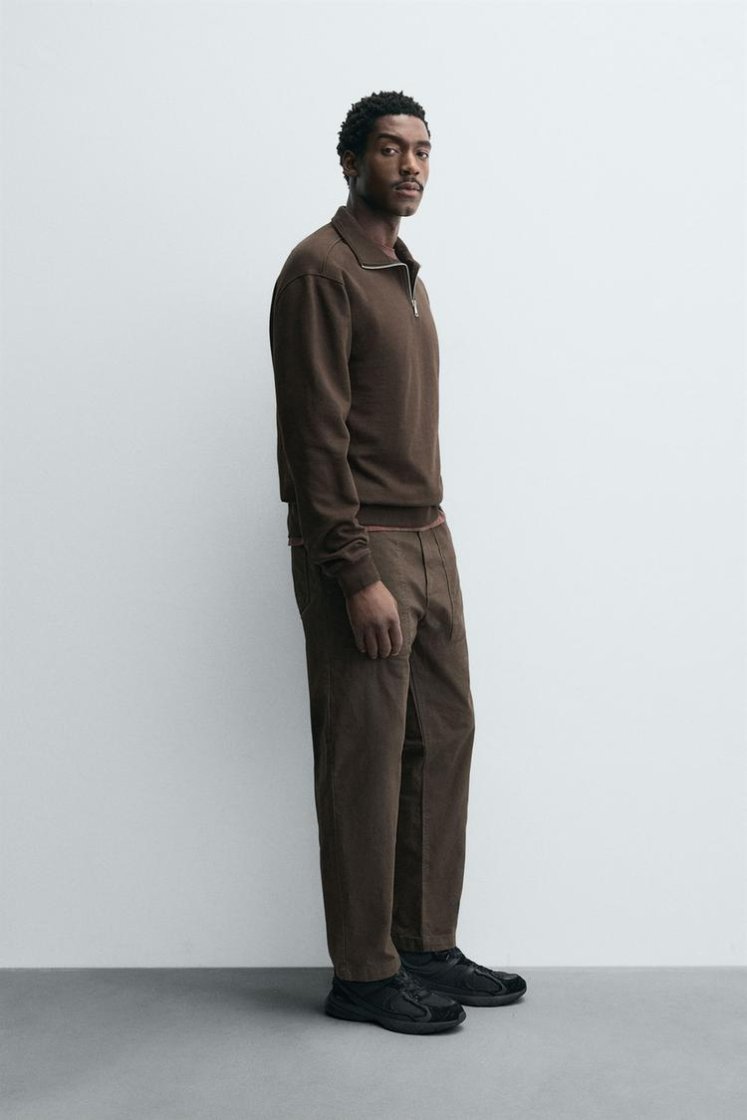 Zara BASIC QUARTER-ZIP SWEATSHIRT — Brown
