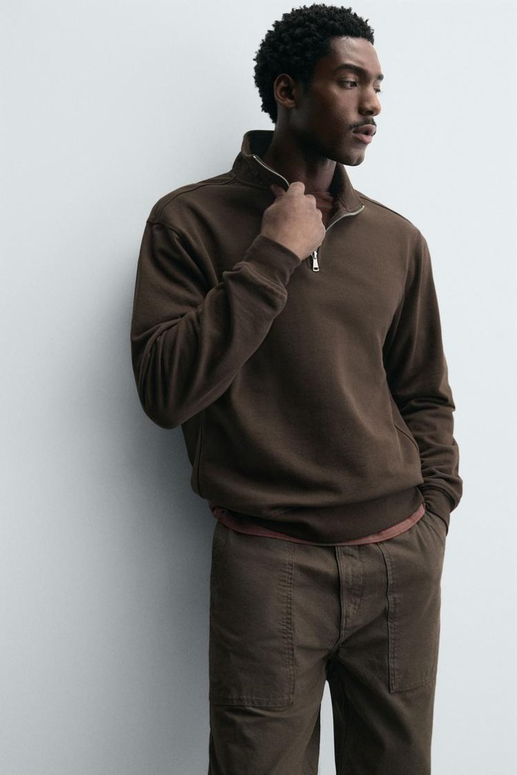 Zara BASIC QUARTER-ZIP SWEATSHIRT — Brown