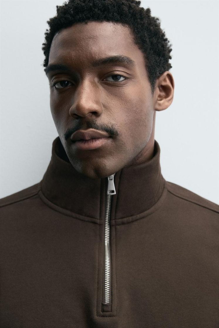 Zara BASIC QUARTER-ZIP SWEATSHIRT — Brown
