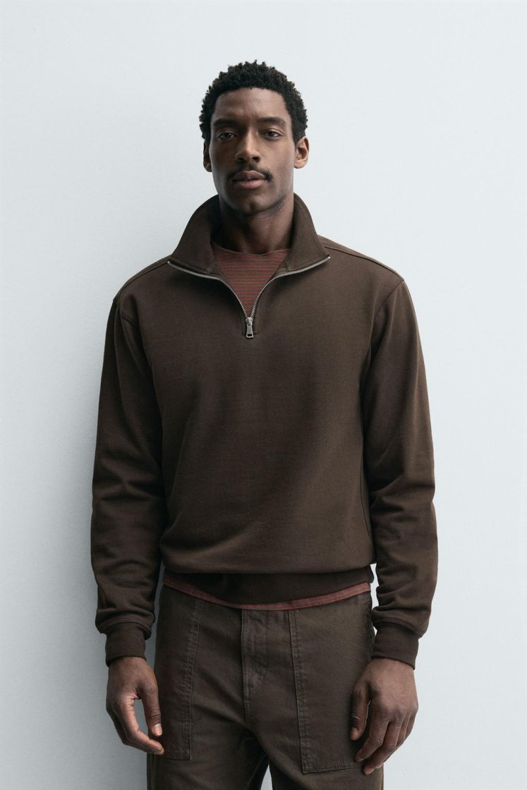 Zara BASIC QUARTER-ZIP SWEATSHIRT — Brown