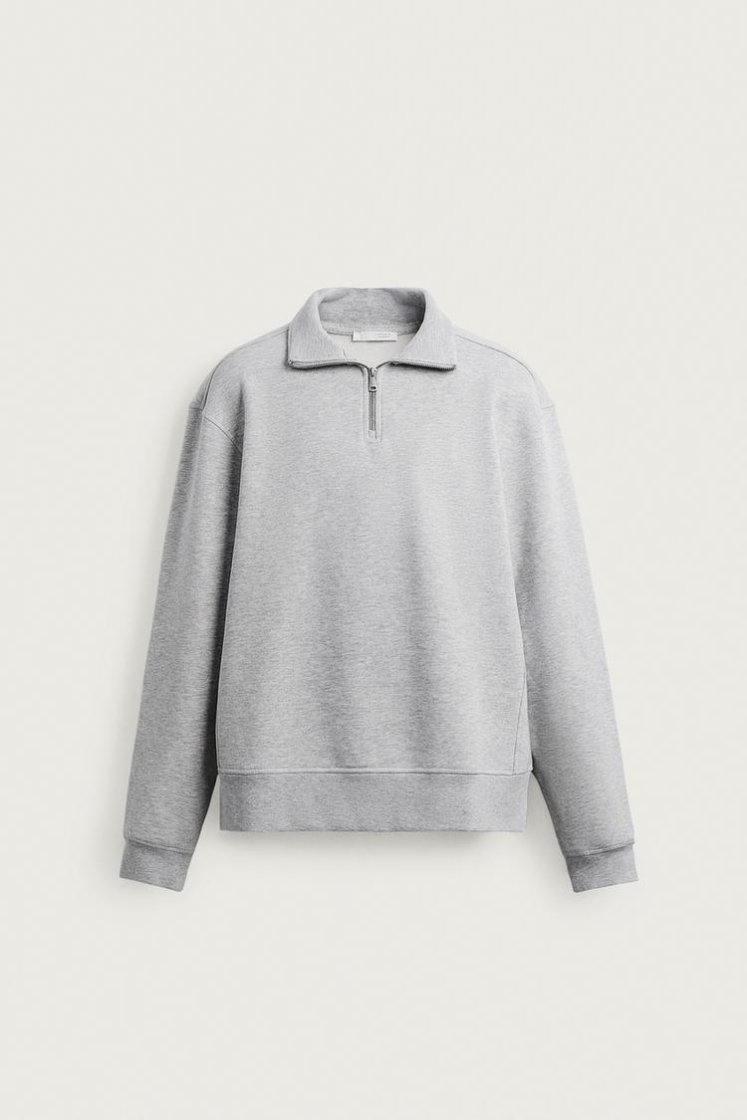 Zara BASIC QUARTER-ZIP SWEATSHIRT — Grey marl